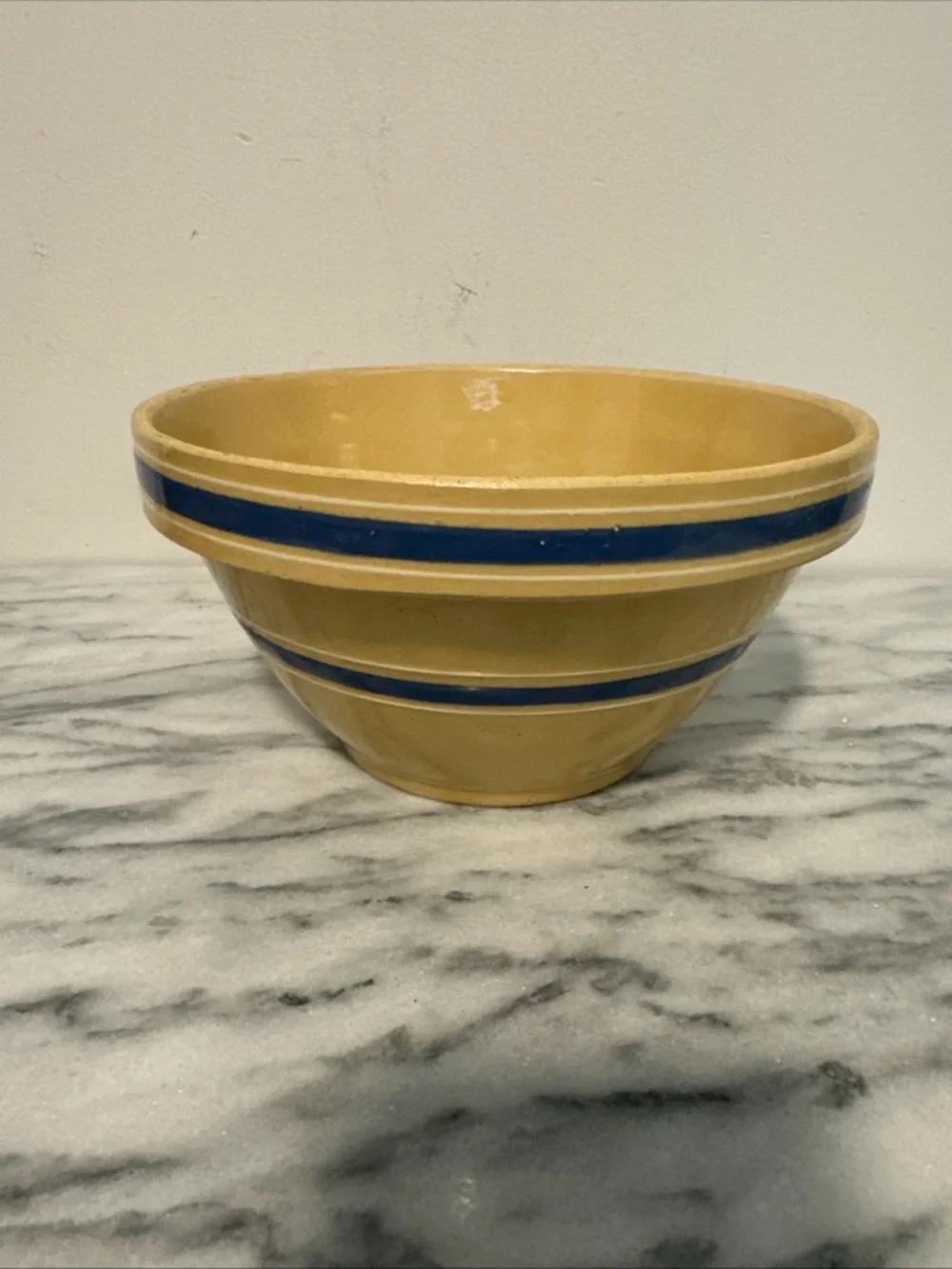 Antique Yellow ware Ceramic mixing Bowl  Blue & white Stripes with lid Rare